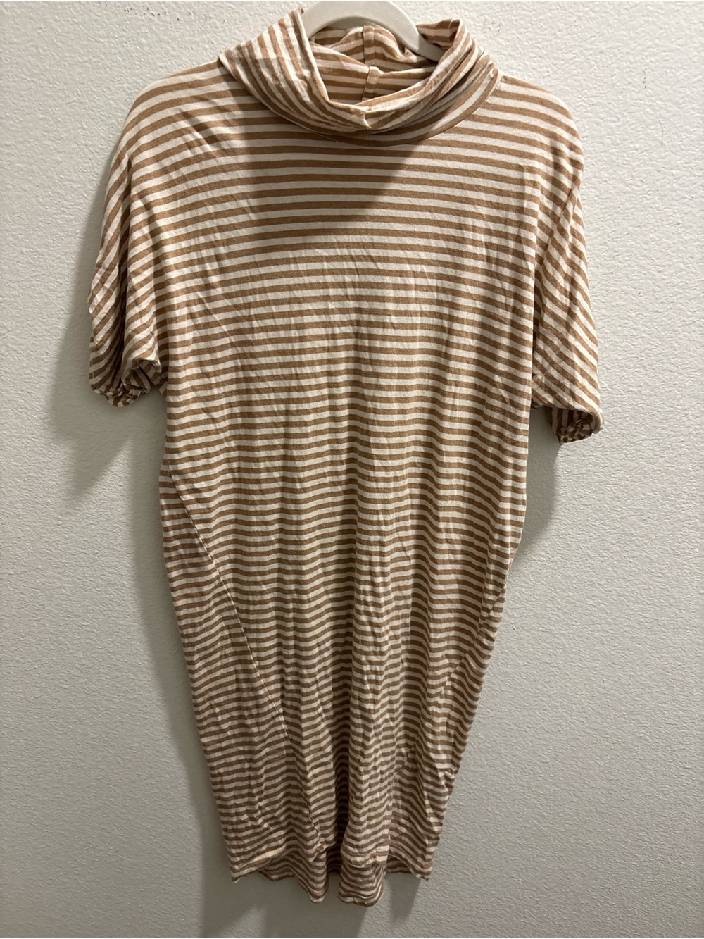 Stateside Striped Turtleneck Short-Sleeve Tunic in Beige and White, size XS